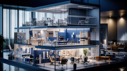 Modern office setting with architectural blueprints and 3D building models - obrazy, fototapety, plakaty
