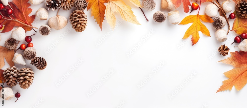 Wall mural fall themed arrangement with dried foliage cones and a white frame against a pastel isolated pastel 