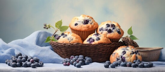 Blueberries in a basket with muffins milk and jam in the background isolated pastel background Copy space