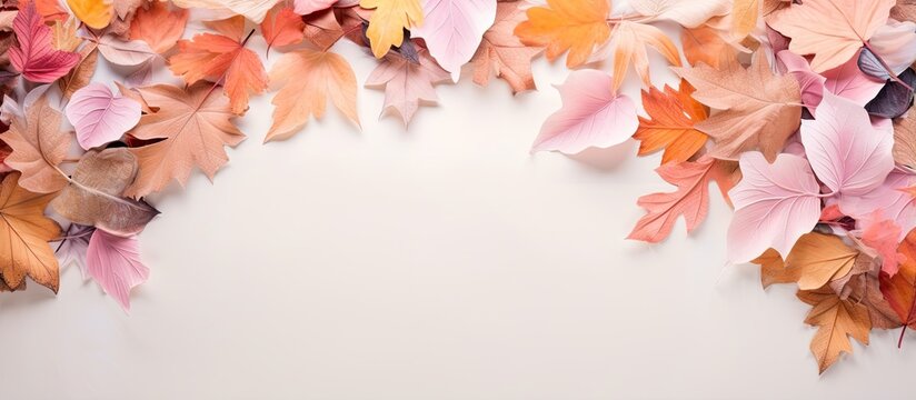 Image of isolated pastel background Copy space framed by autumn leaves