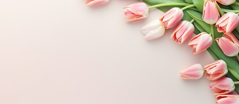Pink salmon parrot tulips isolated pastel background Copy space a concept for cards decorations or wallpapers