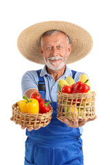 Mature male farmer with wicker baskets full of different ripe vegetables isolated on white background