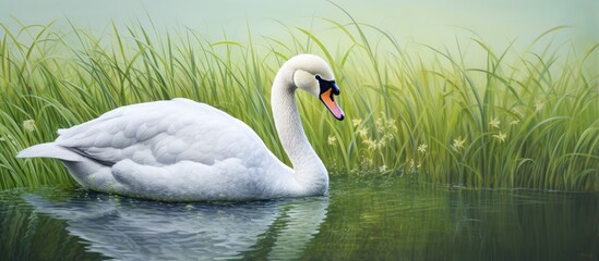 Obraz premium Lonely swan on meadow isolated pastel background Copy space