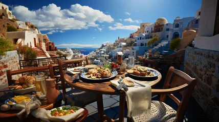 Poster Greek gastronomy, traditional dishes feta, yogurt, tzatziki, moussaka, Greek salad and fish © EcoPim-studio