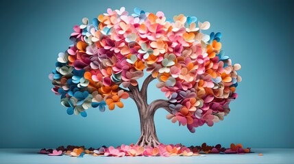 3D abstract wallpaper design that features a colorful tree with hanging branches and multicolored leaves, perfect for interior mural wall art decor. 
