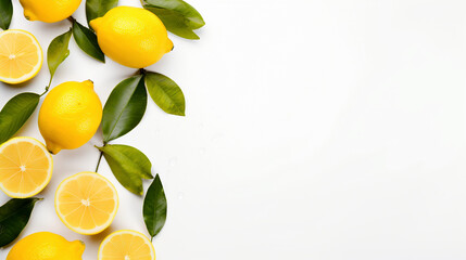 fresh lemons on white background, close-up top view. Generative Ai