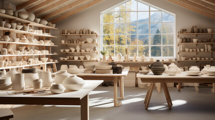 Scandinavian Ceramics Studio A dedicated workspace tailored for pottery and ceramics enthusiasts, complete with pottery wheels, kilns, and an array of artisanal pottery