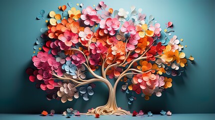 3D abstract wallpaper design that features a colorful tree with hanging branches and multicolored leaves, perfect for interior mural wall art decor. 
