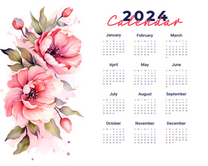 2024 annual calendar template with watercolor floral theme