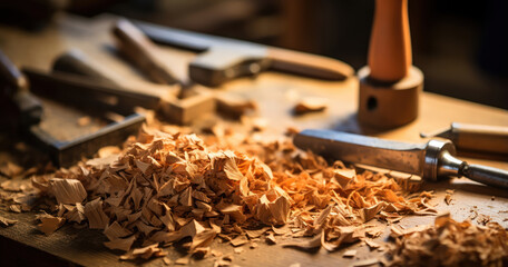 Wood shavings and chisels on a workbench