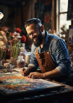 A male artist smiles joyfully and paints a picture with oil or acrylic paints in his home studio.