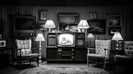 Vintage setup featuring classic TV sets from the 1950s
