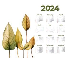 2024 annual calendar template with watercolor floral theme