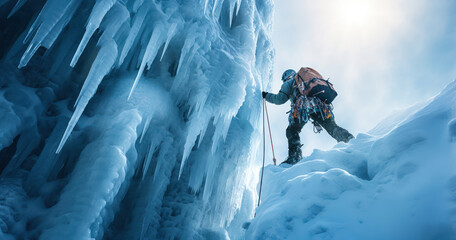 Ice climber scaling a frozen waterfall, gripping ice axes
