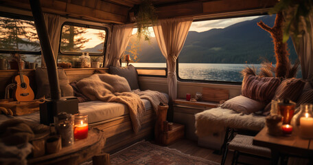 The interior of a van turned into a cozy home, parked by a lake