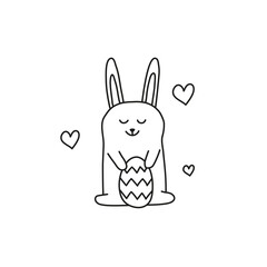 Doodle Easter bunny with egg and hearts around.