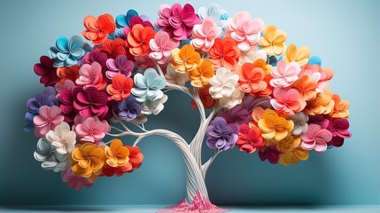 Artificial tree made of colorful paper flowers on pastel background.  
