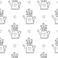 Seamless pattern with hearts and tulip bouquets.