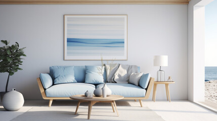 Fototapeta na wymiar Scandinavian Coastal Fusion This room blends Scandinavian simplicity with coastal elements A light blue sofa and seashell decor meet clean lines and minimalism