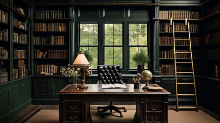 Dark and Moody Interiors: A home office with walls clad in black wooden panels. A leather-clad desk stands against a backdrop of floor-to-ceiling bookshelves. Green banker's lamps offer a subdued glow - obrazy, fototapety, plakaty
