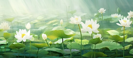 White lotus flowers in a sunny field surrounded by green leaves isolated pastel background Copy space