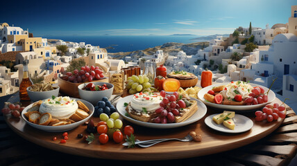 Greek gastronomy, traditional dishes feta, yogurt, tzatziki, moussaka, Greek salad and fish - obrazy, fototapety, plakaty