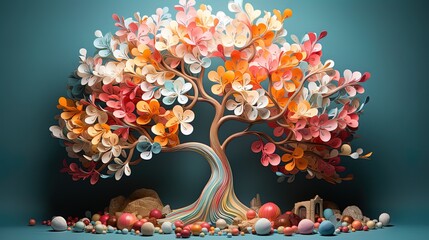 bright colorful pastel paper tree sculpture wall painting mural
