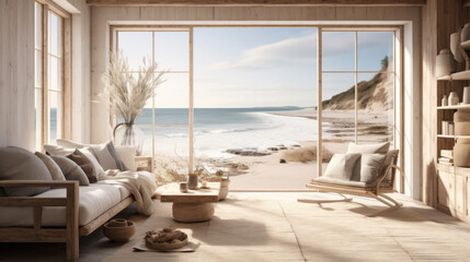 Scandinavian Coastal Hideaway Combining Scandinavian simplicity with coastal elements, including a white slipcovered sofa, seashell decor, and driftwood accents