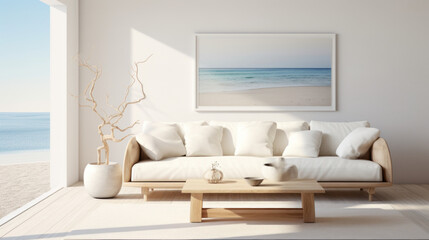 Fototapeta na wymiar Scandinavian Coastal Minimalism Clean lines meet coastal elements with a white sofa, light wood coffee table, and subtle nautical decor The space feels airy and serene