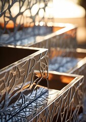 Decorative storage chests made from recycled aluminum, minimalist interiors, sunshine and shadows.