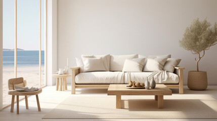 Scandinavian Coastal Minimalism Clean lines meet coastal elements with a white sofa, light wood coffee table, and subtle nautical decor The space feels airy and serene