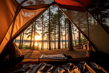 view landscape from in tent of camping under the forest with beautiful sunlight in the morning.