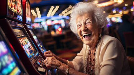 Joyful elderly woman is seen playing the slot machines at a bustling casino, her face lit up with excitement as she tries her luck