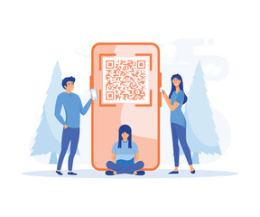 QR code concept, young people scanning barcode using mobile smartphone for online shopping and payment. flat vector modern illustration