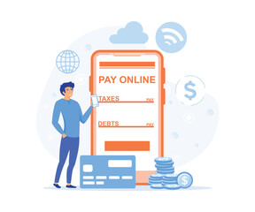 Pay online concept, Young man paying taxes and debts on the cellphone apps, flat vector modern illustration