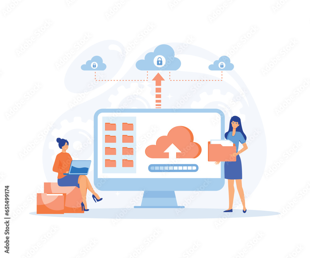 Poster technology file upload backup on cloud server storage concept. team administrator and developer work