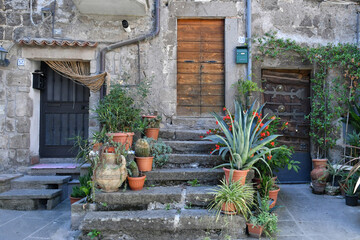 The facade of an old house in the medieval district of Vitorchiano, a village in Lazio in the...