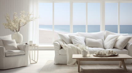 Scandinavian Coastal Retreat Combining Scandinavian simplicity with coastal elements like a white slipcovered sofa, seashell decor, and nautical accents