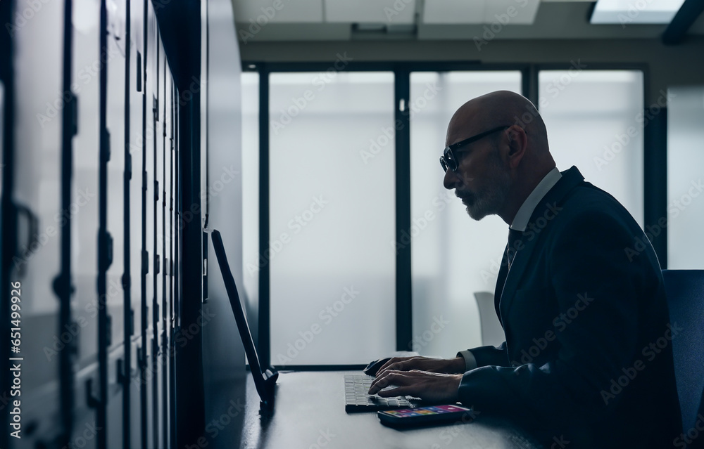 Aufkleber silhouette of a middle-aged engineer working in a server room.