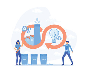 Circular economy, eco friendly energy production, infinity sign with factory, industry development cycle with waste recycling, flat vector modern illustration