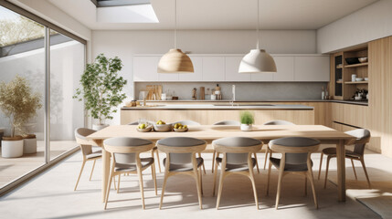 Scandinavian Cooking and Dining Space A living area that seamlessly integrates a modern kitchen, a dining table, and Scandinavian design elements