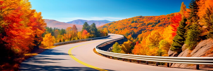 scenic route through a forested mountain pass, with vibrant autumn foliage and winding roads. Generative AI