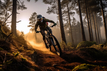 cyclist in the forest at sunset