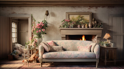 Scandinavian Cottage Charm Floral patterns, a cozy chintz sofa, and a wooden coffee table create a cottage-inspired atmosphere A brick fireplace adds character