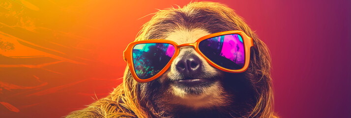chilled-out sloth lounging wearing oversized, vibrant sunglasses and striking a pose against a colored backdrop, promoting , Generative AI
