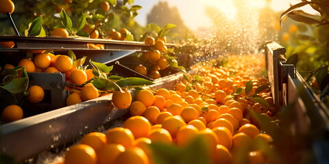 harvester machine's conveyor belts efficiently collecting ripe, sun-kissed oranges from citrus tree branches . Generative AI - obrazy, fototapety, plakaty