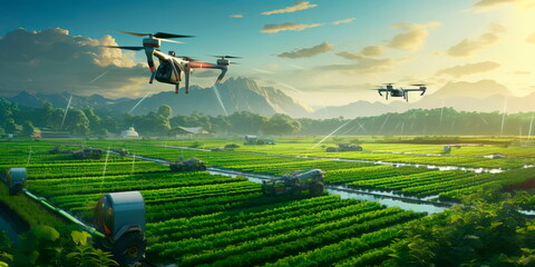smart farm with automated machinery and drones, showcasing precision agriculture and technology-driven farming practices. Generative AI