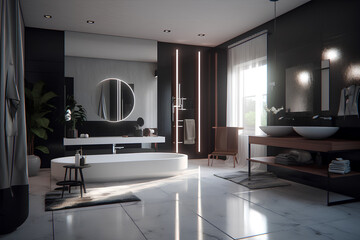 Lounge style interior of bathroom in modern house.