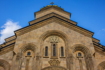 Fototapeta na wymiar External view Holy Trinity Cathedral of Tbilisi, (known as Sameba Cathedral) on the Elia Hill, is the main cathedral of Georgian Orthodox Church. Tbilisi, Georgia.