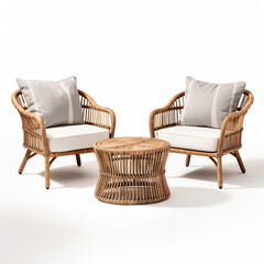 Wicker furniture table, sofa and armchairs with cushions. AI Generation